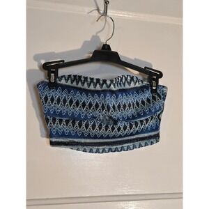 Blue Chevron Knit Tube Top Strapless Cropped Boho Zig Zag Pattern DF41269-2-D1